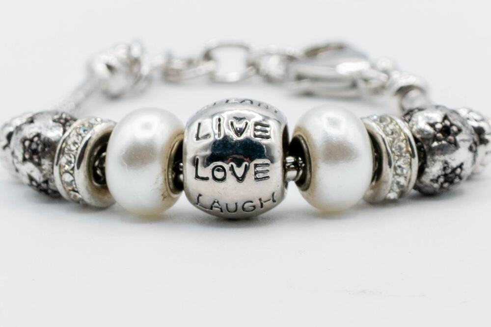 BELLA PERLINA Charm Bracelet Silver Tone Live Love Laugh Pearl Rhinestone Slider